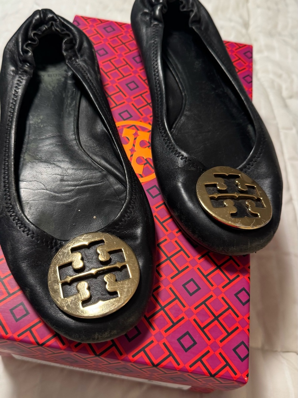 Tory Burch Black Leather Ballet Flats with Gold Logo Medallion